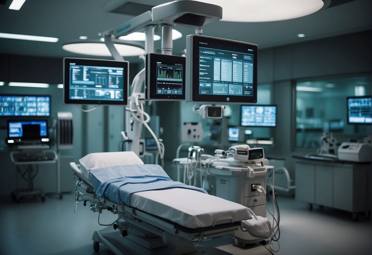 An operating room with modern anaesthesiology equipment and signage promoting innovations, set in a medical conference in Singapore