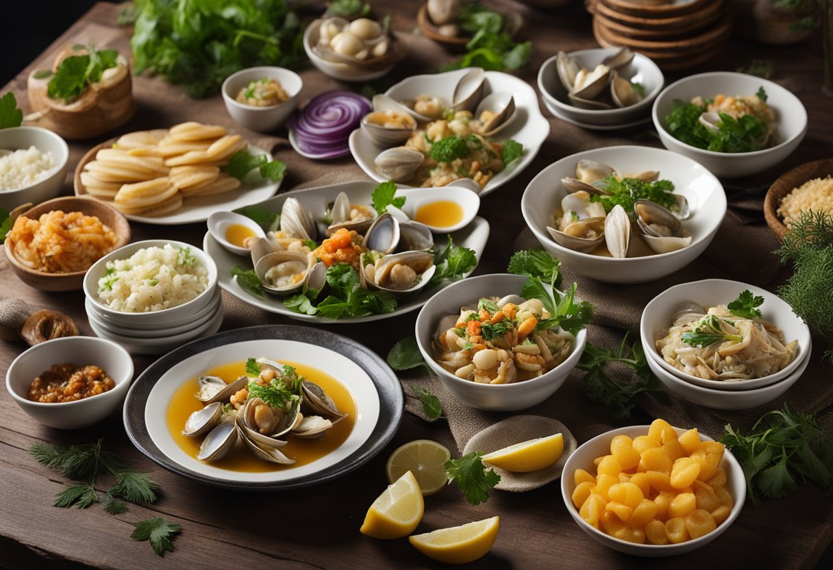 A table with various dishes of clam recipes, all without shells, arranged with colorful garnishes and herbs
