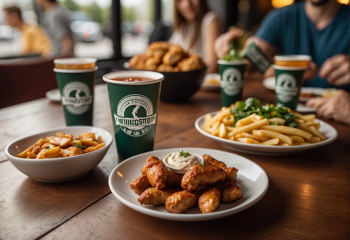 A table with Wingstop promotion flyers, surrounded by happy customers enjoying their meals