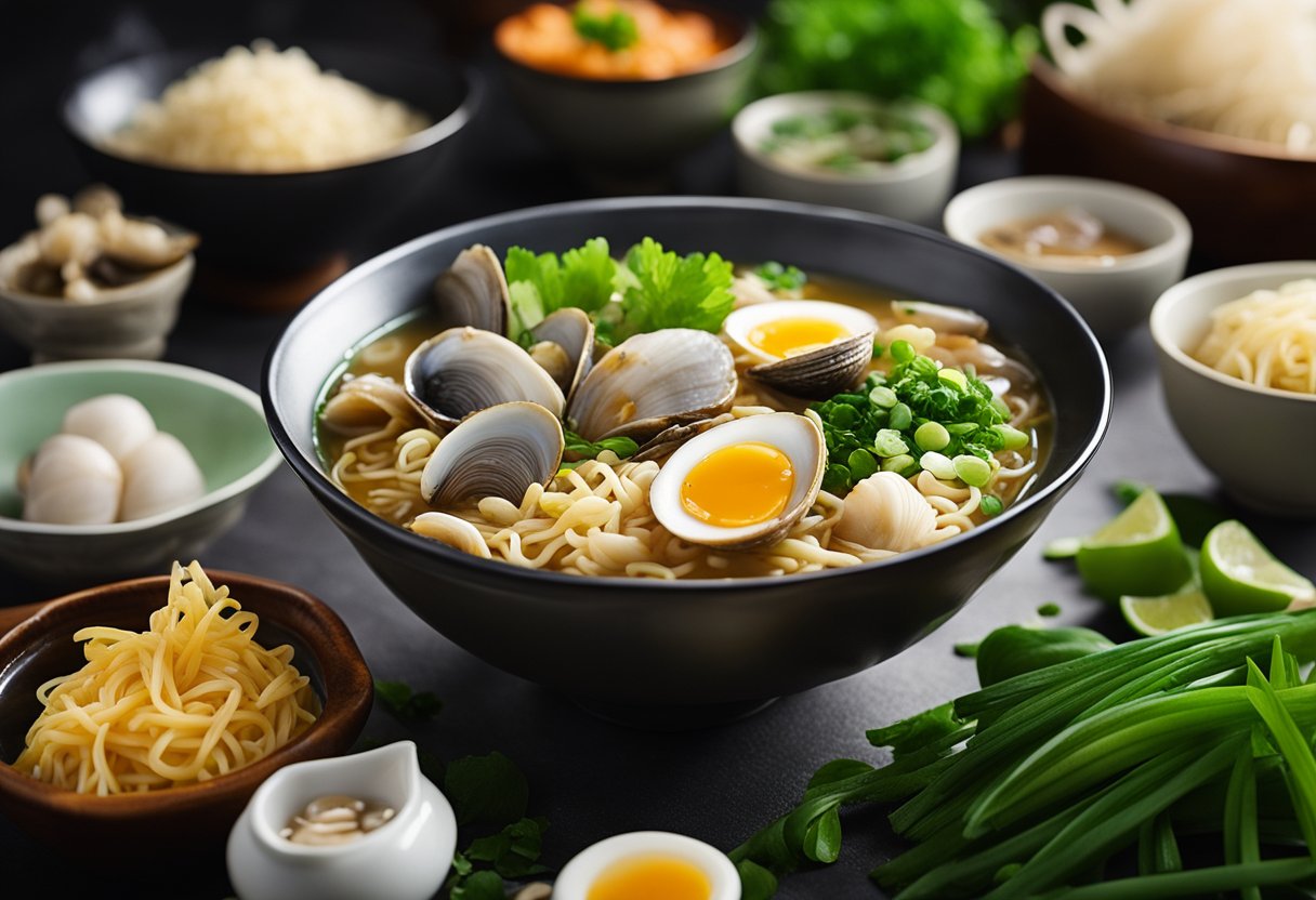 A steaming bowl of clam ramen surrounded by various ingredients like clams, noodles, and green onions, with a hint of steam rising from the broth