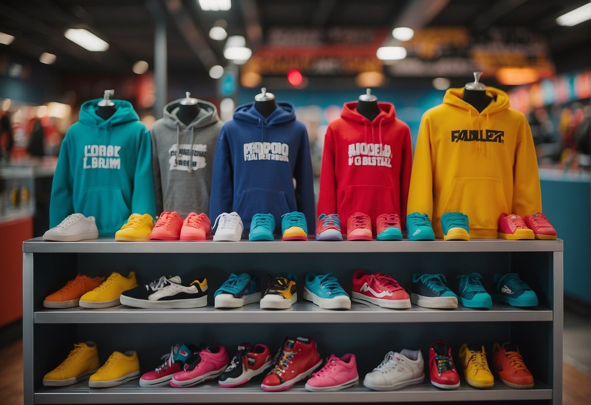 Brightly colored skating accessories displayed on shelves at the rink, with signs advertising promotions in the background
