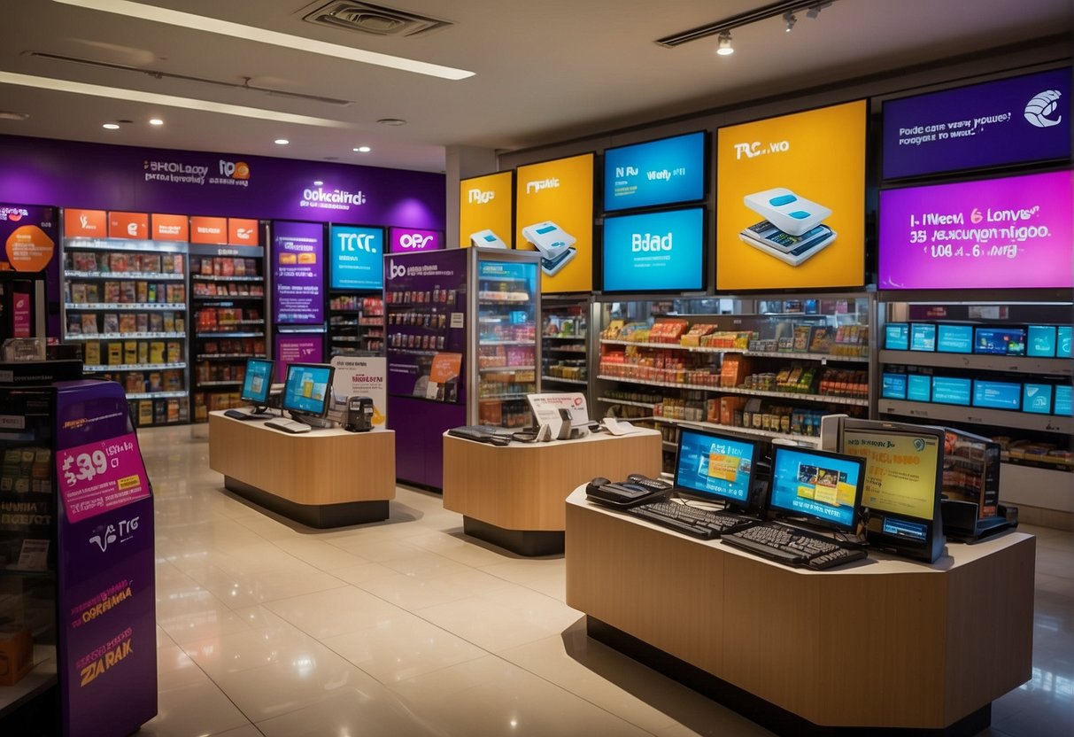 Vibrant display of TPG promotions in a bustling Singapore Telco store. Bright colors and bold signage draw in customers