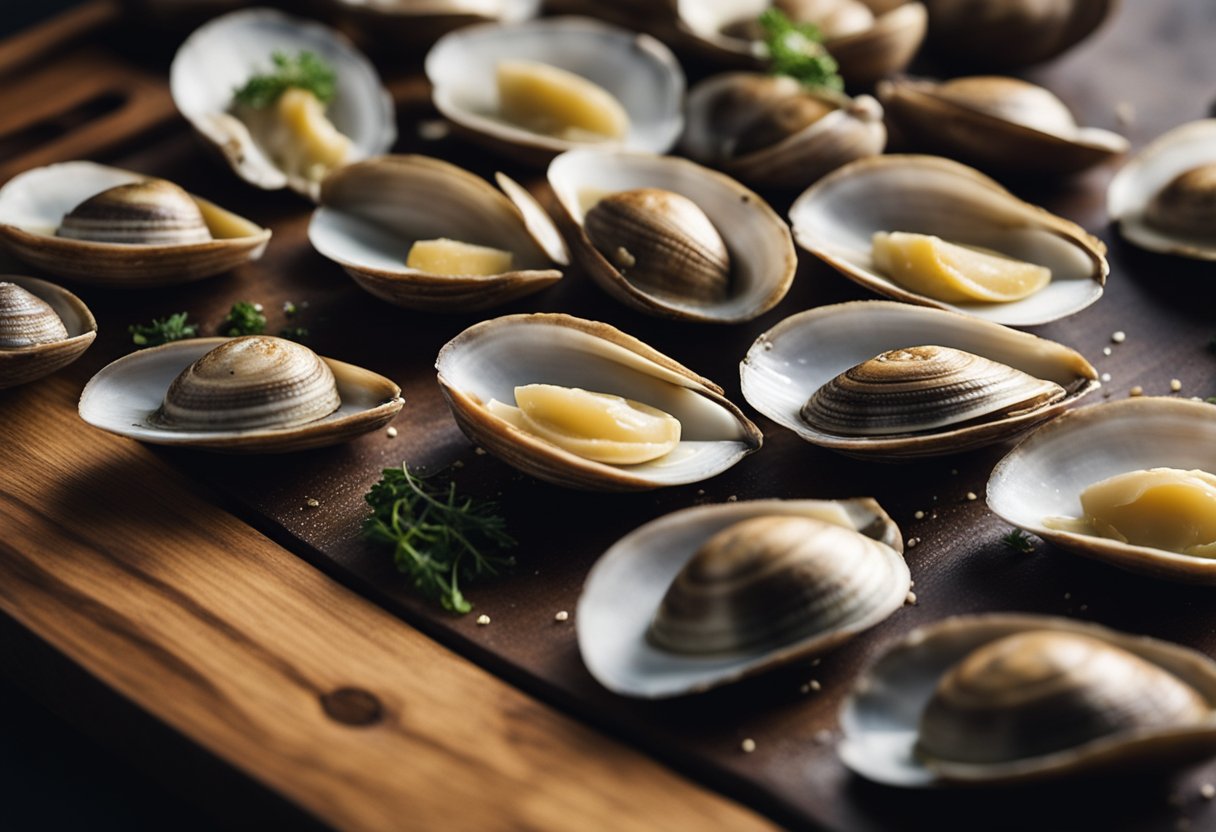 Clams being scrubbed clean, shucked, and arranged neatly on a cutting board