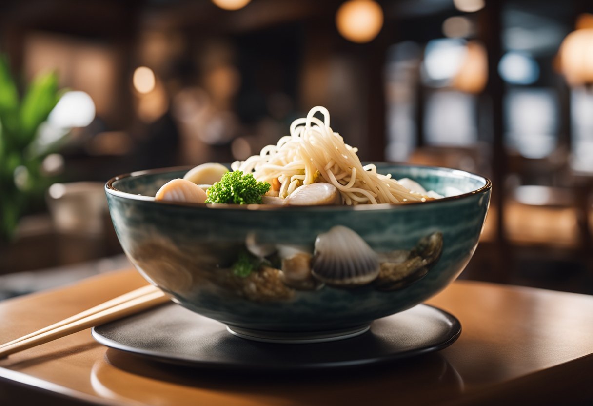 A steaming bowl of clam ramen with chopsticks resting on the rim, surrounded by a backdrop of Japanese restaurant decor