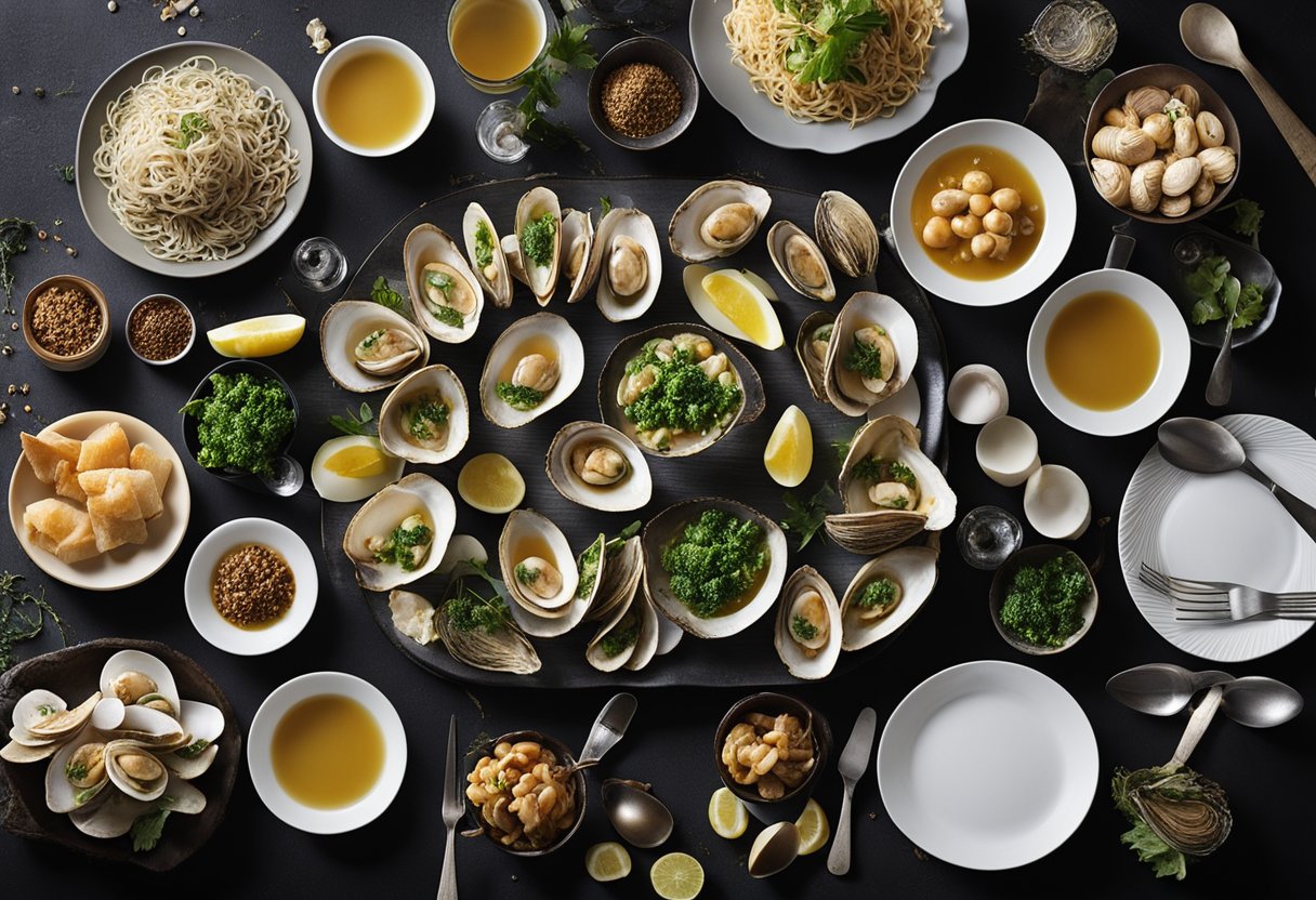 A table set with various clam dishes, no shells in sight. Ingredients and utensils neatly arranged
