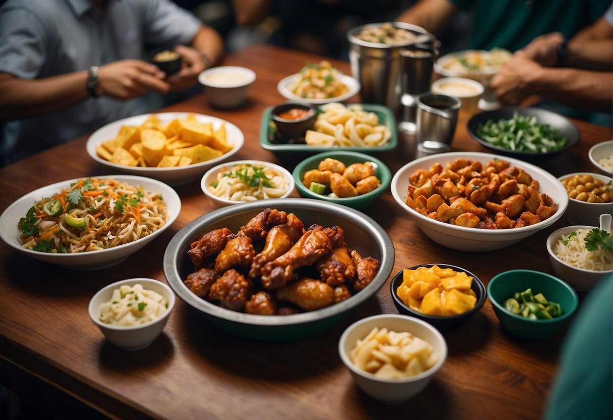 A table filled with a variety of Wingstop dishes, surrounded by happy customers enjoying their exclusive promotions in a vibrant and bustling Singapore restaurant