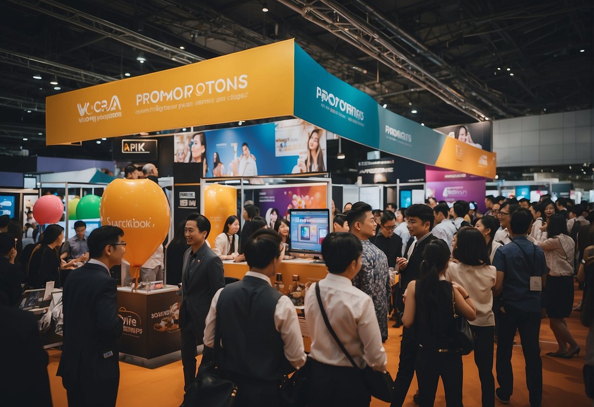 A bustling event with people engaging in conversation at a booth labeled "WCA Promotions Singapore". The booth is adorned with colorful banners and promotional materials