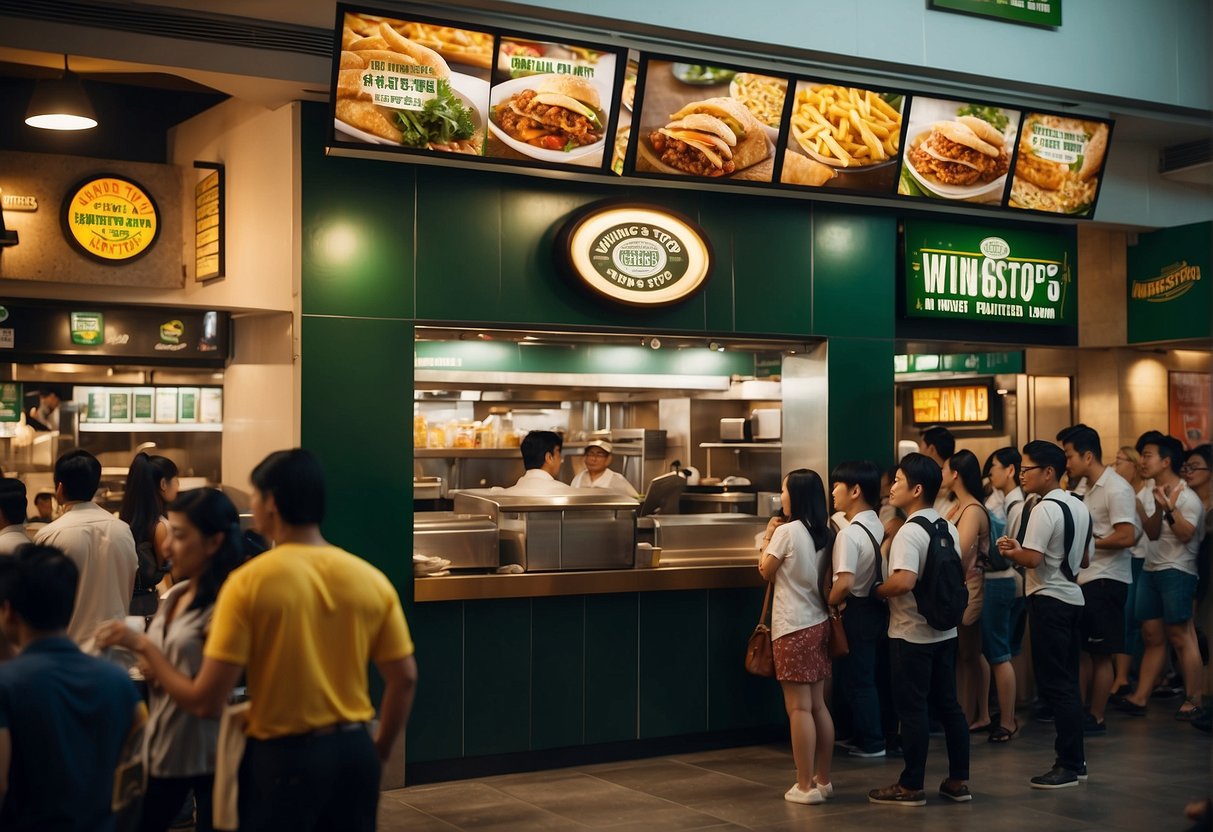 A crowded Wingstop restaurant in Singapore with promotional banners and customers lining up