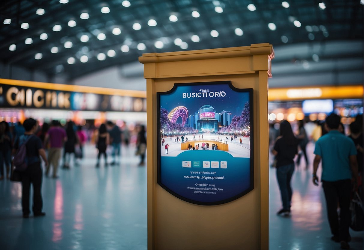 A colorful sign at the entrance of a bustling ice rink, with people lining up and staff preparing for promotions in Singapore