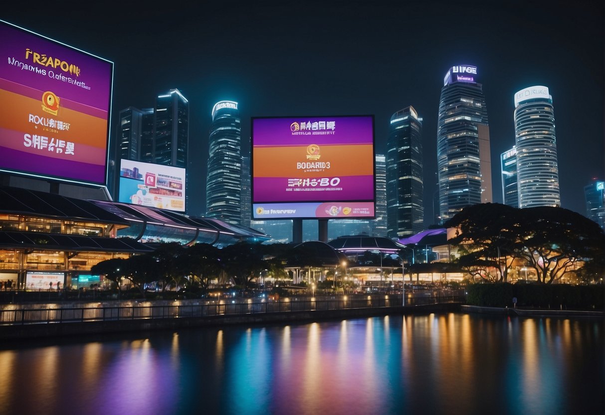 A vibrant city skyline with illuminated billboards displaying "Latest Promotions Overview" in Singapore's timezone