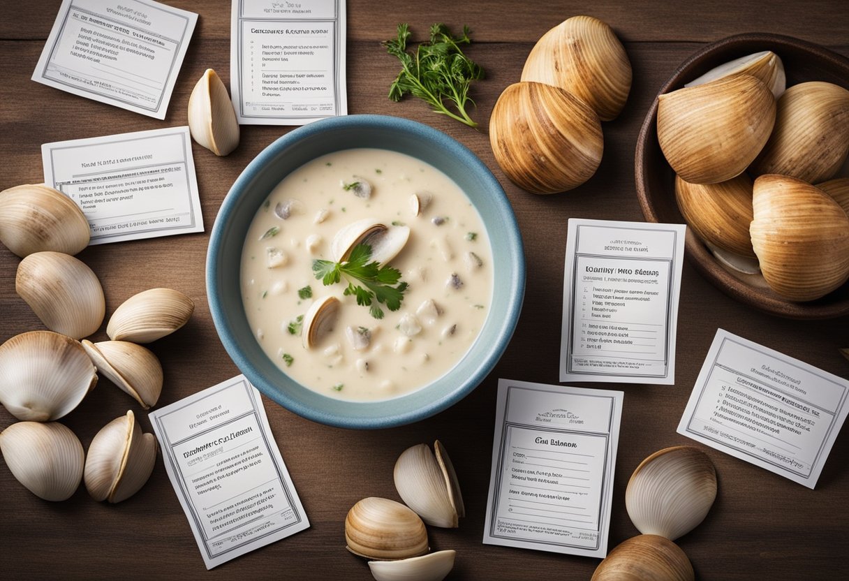 A pile of fresh clams arranged around a bowl of creamy clam chowder, with a stack of recipe cards labeled "Frequently Asked Questions clam recipes no shell" nearby