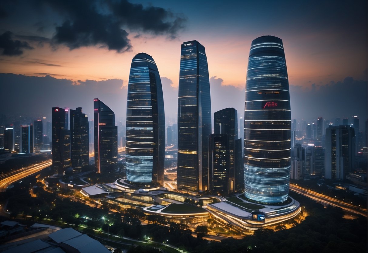 A futuristic city skyline with tpg branding prominently displayed on skyscrapers and billboards, showcasing innovative telco services in Singapore