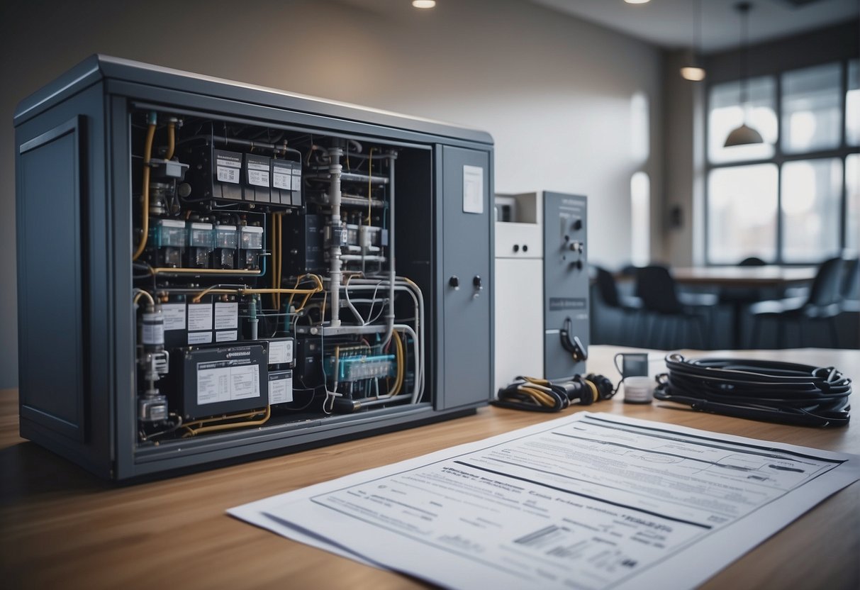 A blueprint of an HVAC system with labeled components, surrounded by a checklist of local regulations and building codes