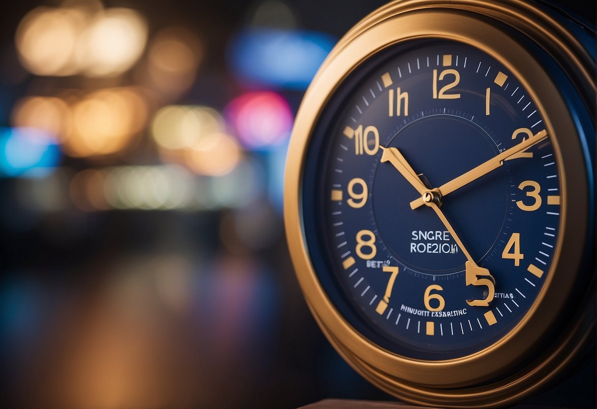 A clock displaying various time zones with a promotional banner for Singapore in the background