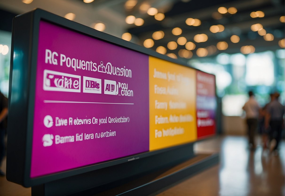 A colorful display of frequently asked questions signage at a busy promotional event in Singapore