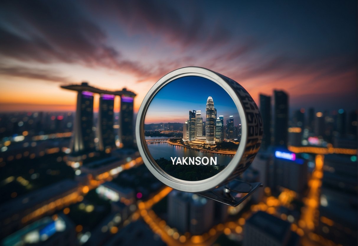 A vibrant cityscape with iconic landmarks in Singapore, with the Yakson Promotions logo displayed prominently in the foreground