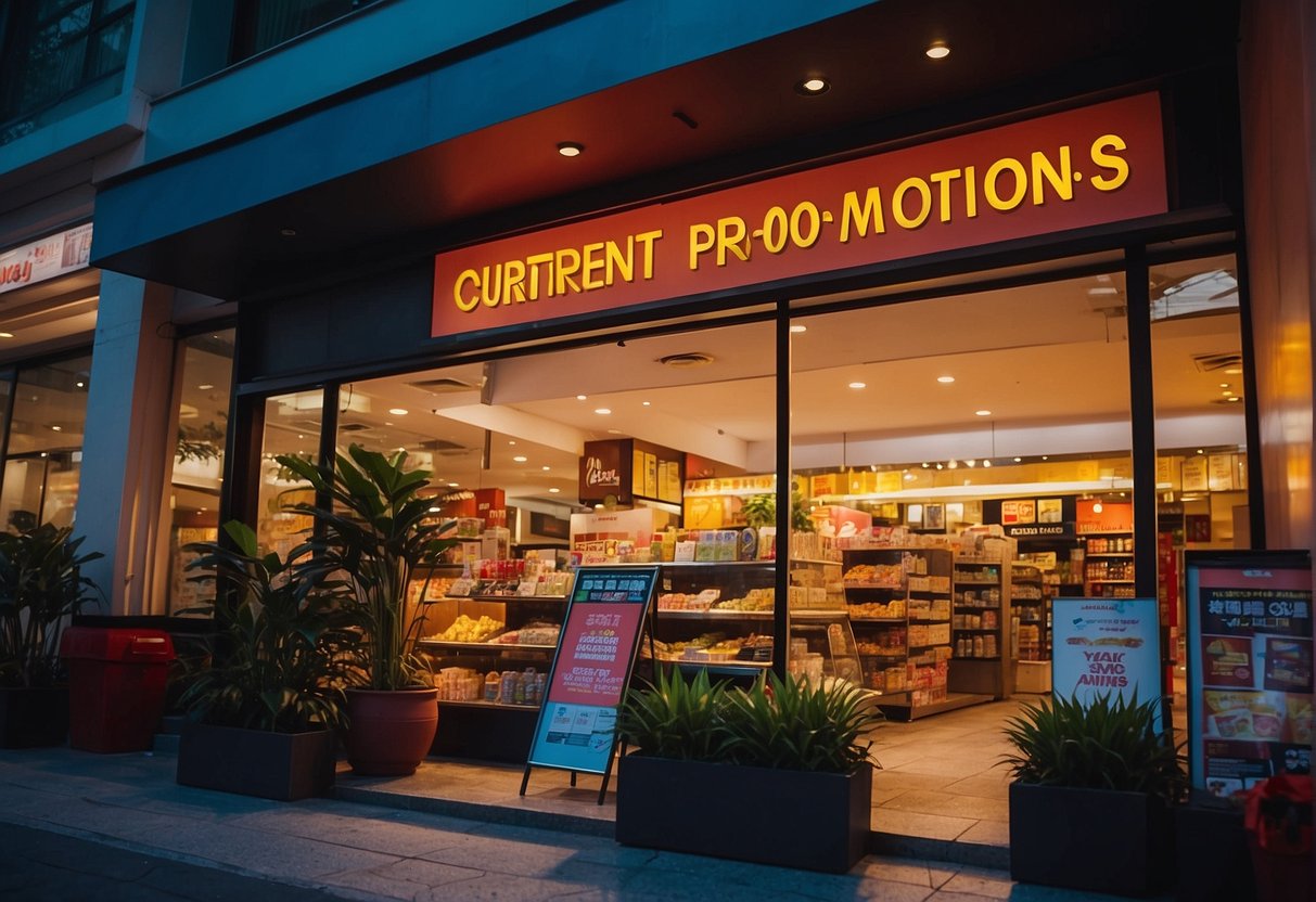 Brightly lit storefront with bold signage, showcasing "Current Promotions" at Yakson Promotions Singapore. Vibrant colors and inviting atmosphere