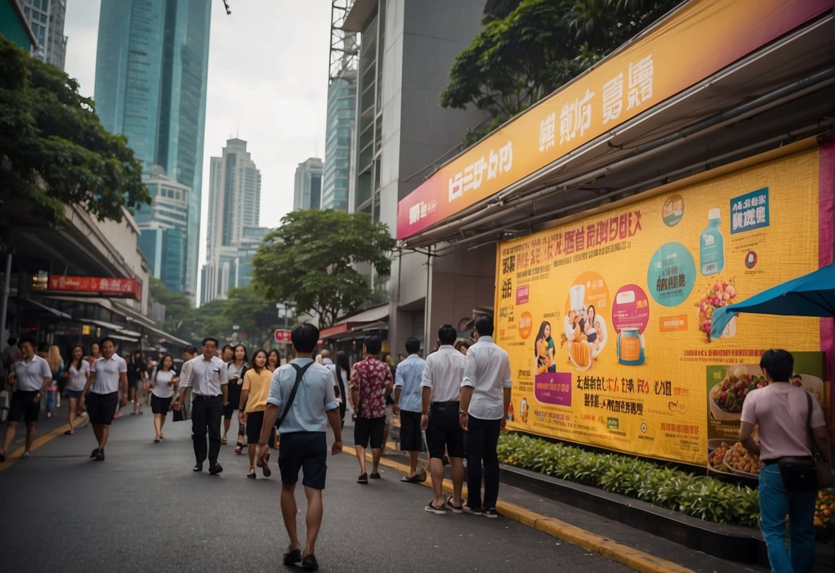 A colorful banner hangs above a bustling street, advertising "Upcoming Events Yakson Promotions Singapore." People walk past, glancing up at the vibrant display
