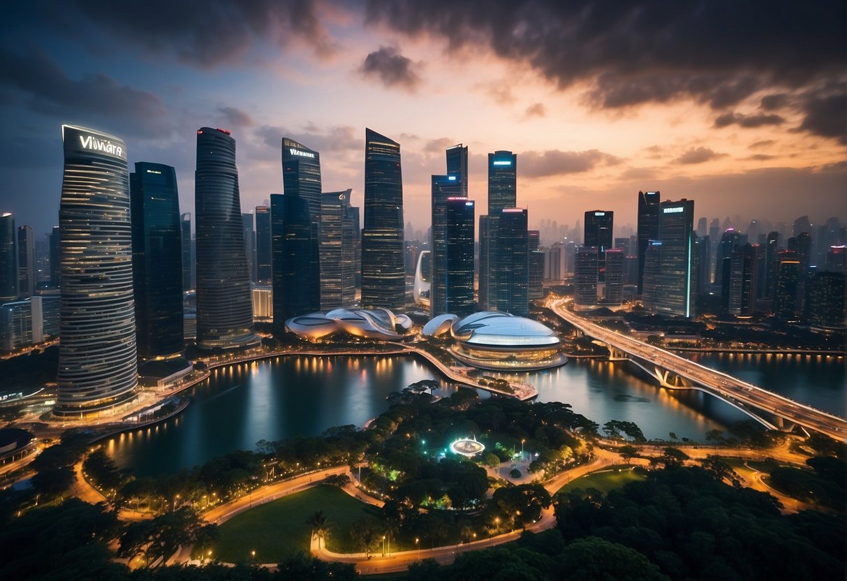 A bustling cityscape in Singapore with iconic landmarks and a vibrant skyline, featuring the VMware logo prominently displayed in the center