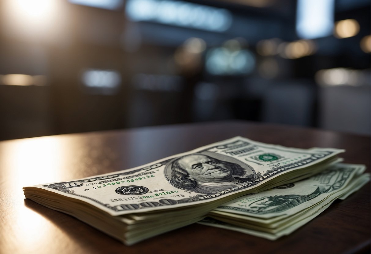 A bank advertisement displays a stack of US dollars on a sleek, modern table with a promotional banner in the background
