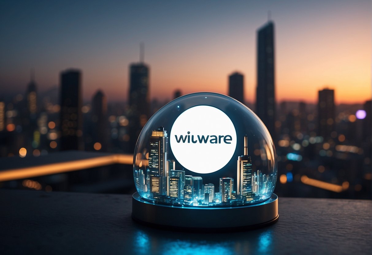 A futuristic city skyline with glowing VMware logos and high-tech gadgets