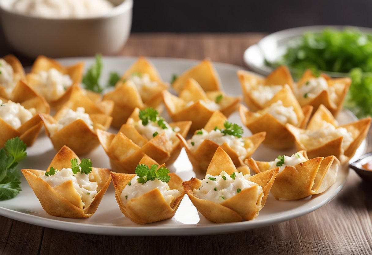 A bowl of crab meat, cream cheese, and seasonings mixed together. Wonton wrappers being filled and folded into small packets. Oil sizzling as the crab rangoon fry to a golden brown