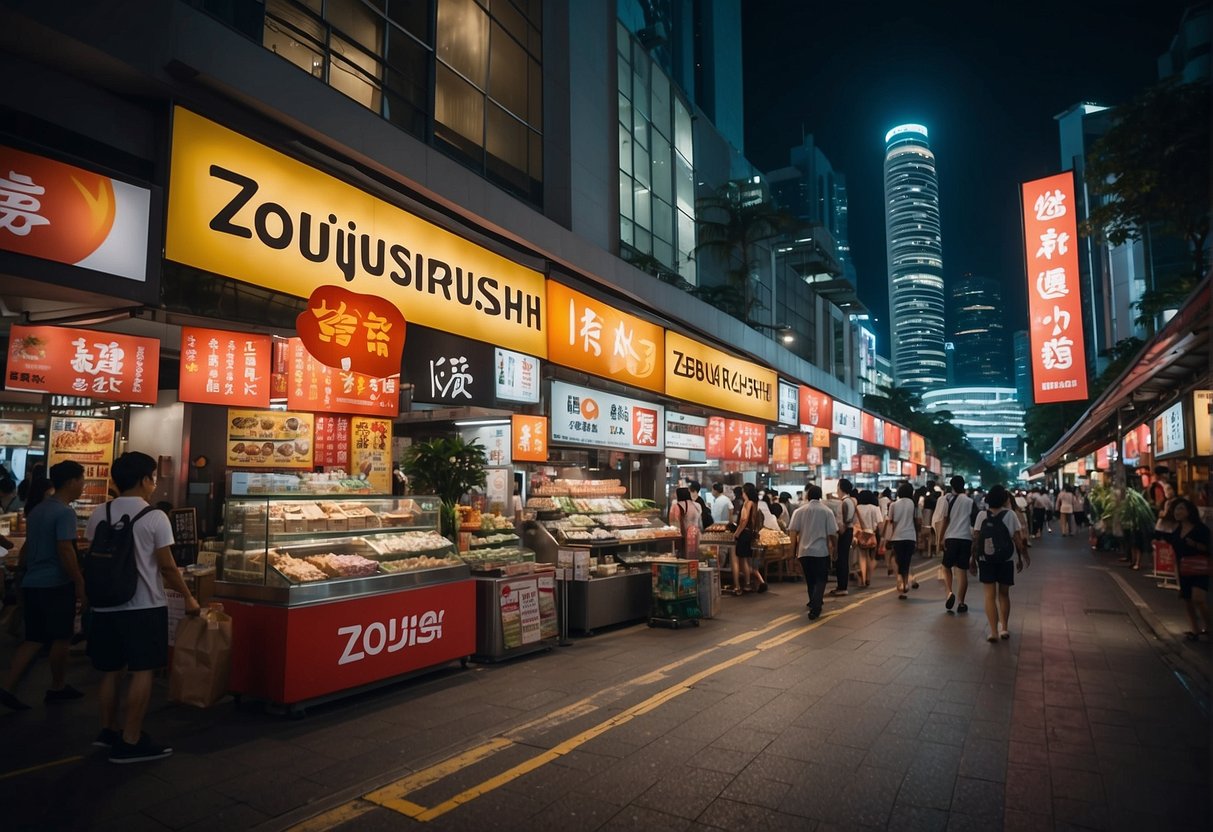A bustling Singapore street with colorful banners and signage promoting Zojirushi products