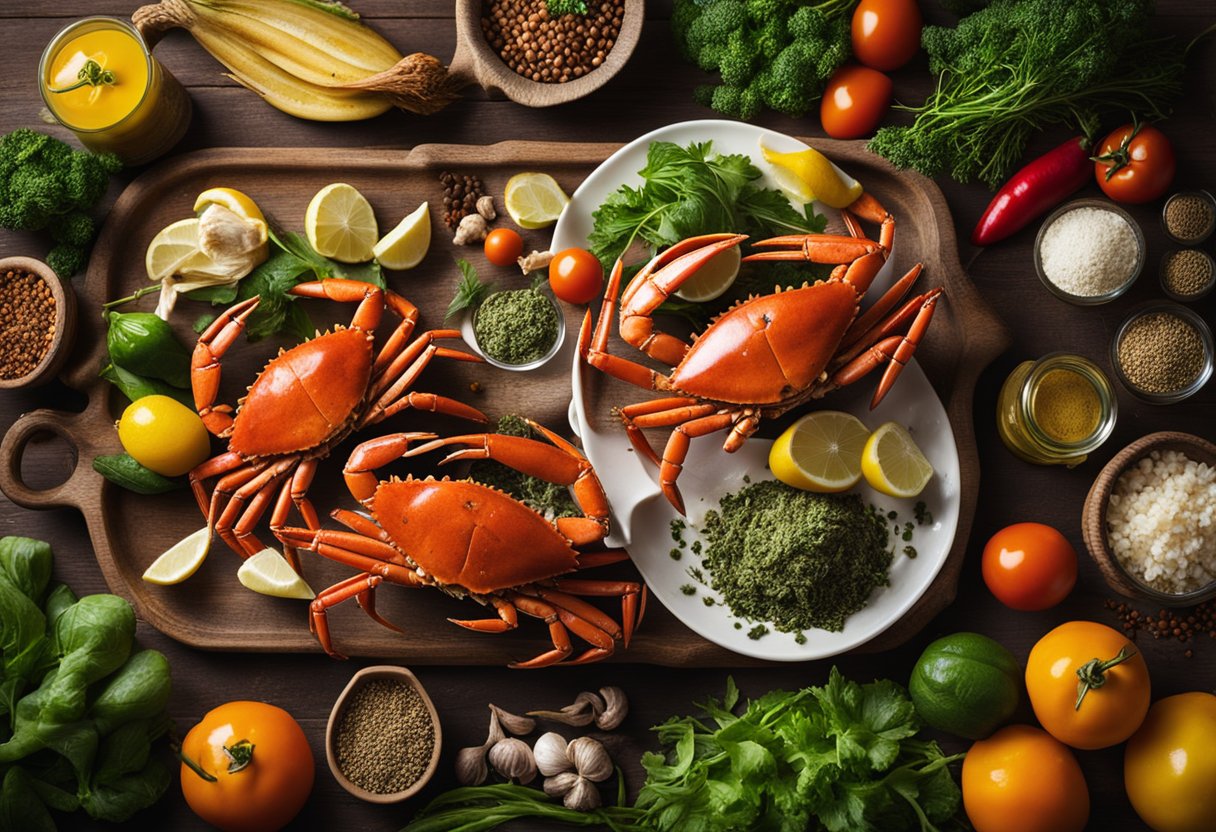 A pile of fresh crabs, surrounded by vibrant vegetables and herbs, sit on a rustic wooden table next to a collection of spices and cooking utensils