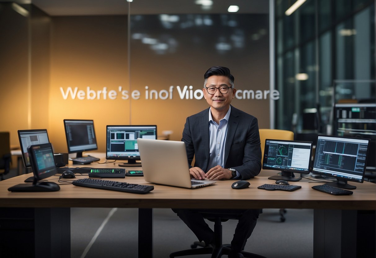 A person sitting at a desk, surrounded by computer equipment and promotional materials for SkillsFuture, HPE, and VMware in Singapore