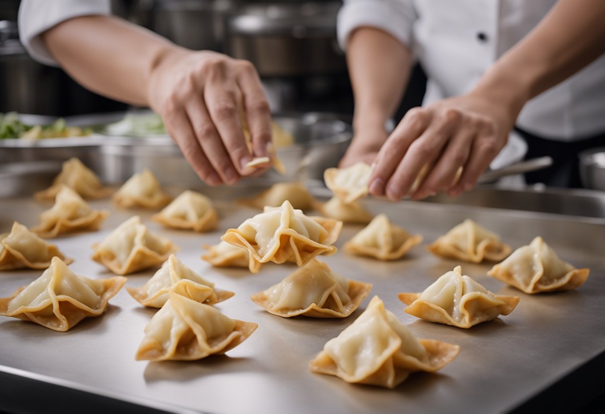 A chef folds wonton wrappers around a creamy crab filling, carefully sealing the edges. The kitchen is filled with the aroma of frying as the crab rangoons turn golden brown in the sizzling oil