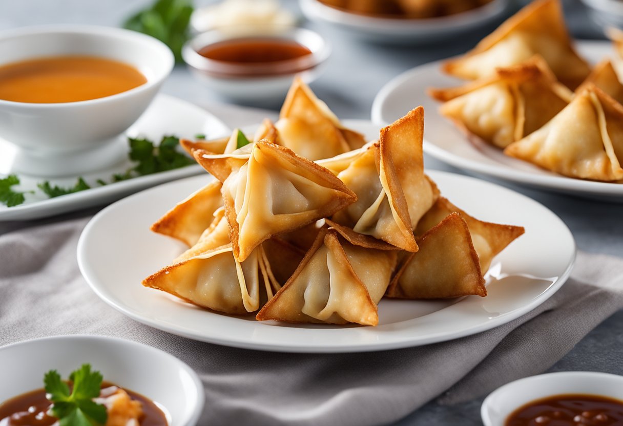 Golden-brown crab rangoon arranged on a white serving platter with a side of sweet and sour sauce. A stack of folded wonton wrappers sits beside the dish