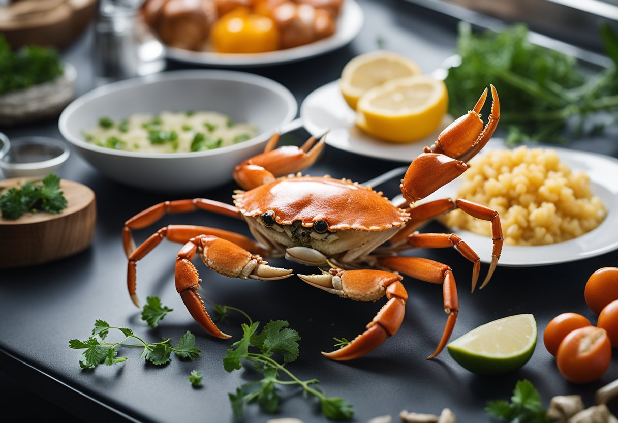 A crab being prepared with ingredients and utensils on a kitchen counter