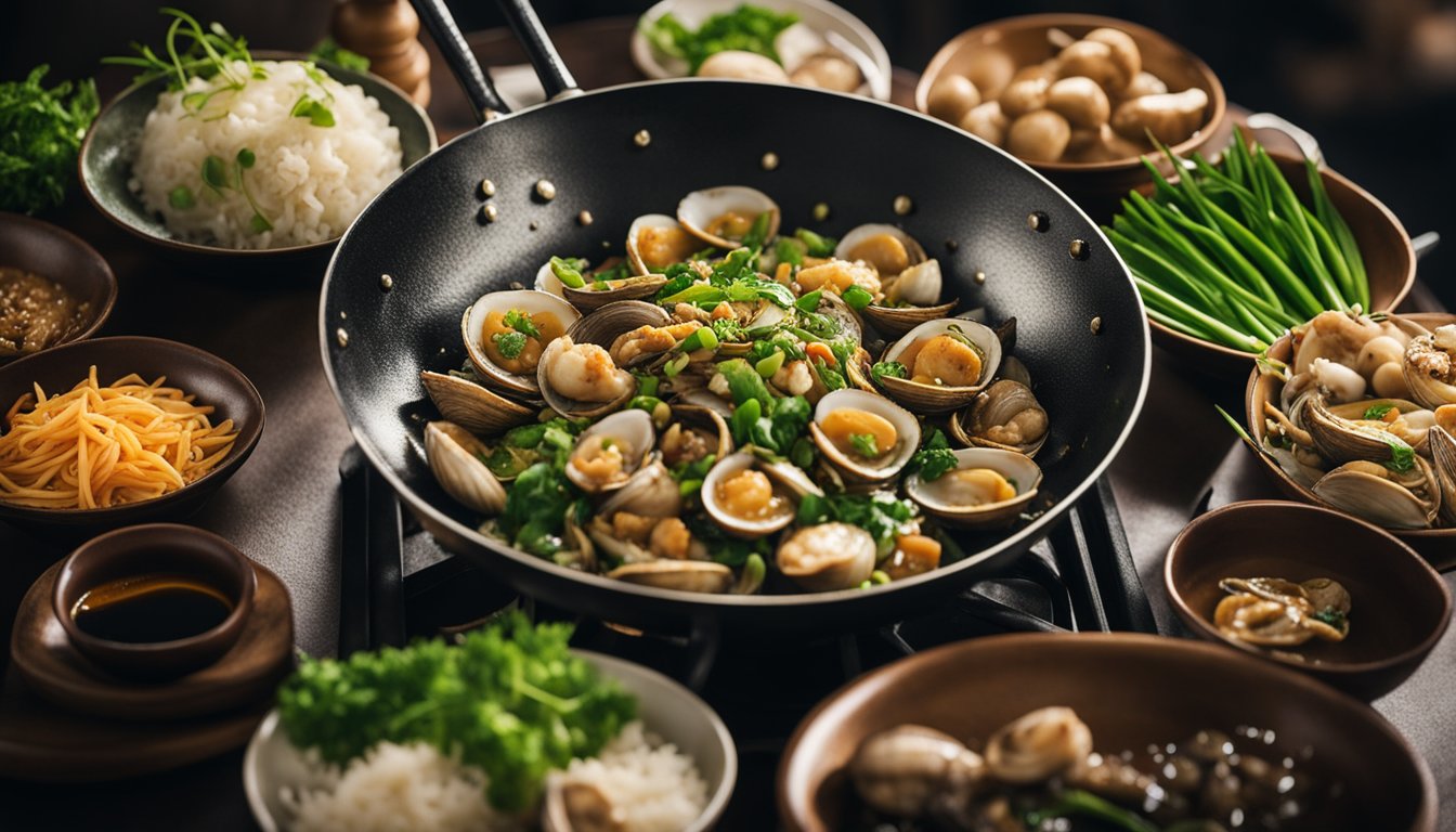 A wok sizzles as clams are stir-fried with ginger, garlic, and green onions. Soy sauce and rice wine add savory aroma
