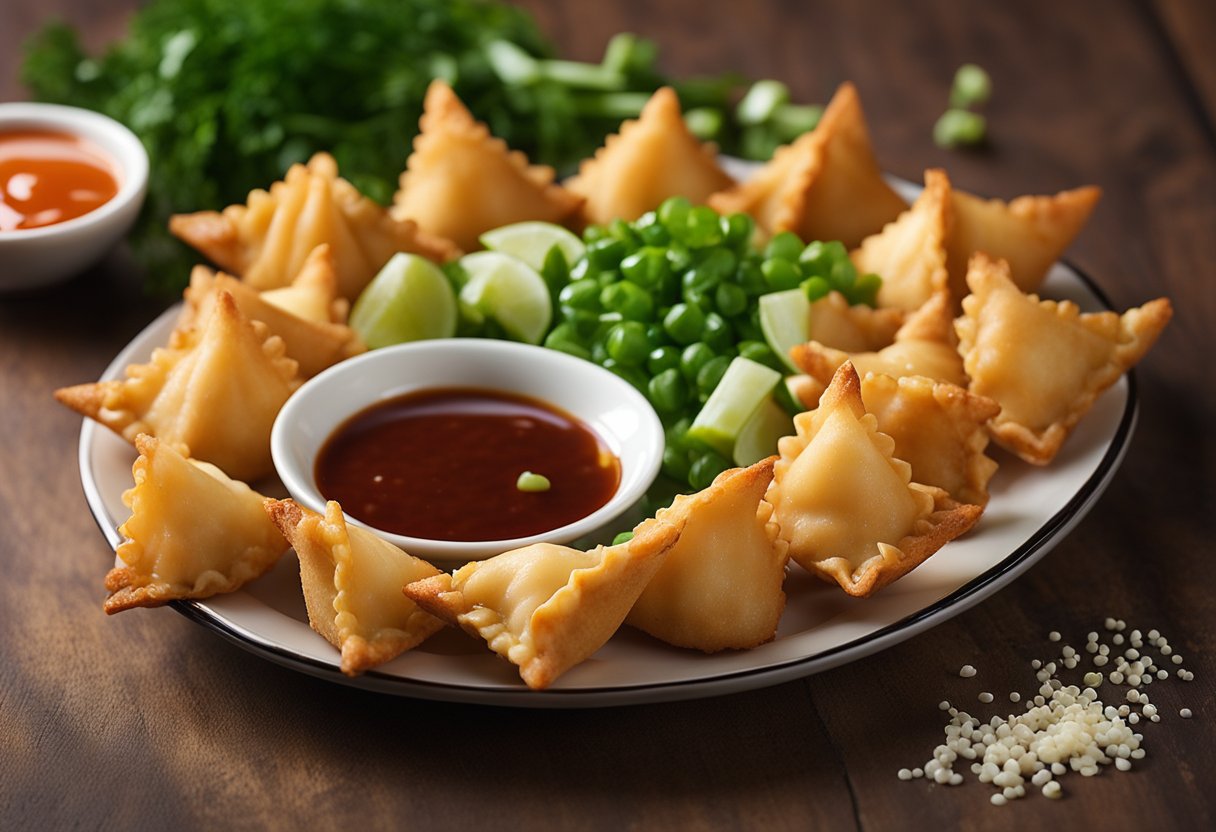 A plate of golden brown crab rangoon arranged neatly with a side of sweet and sour sauce, garnished with a sprinkle of chopped green onions