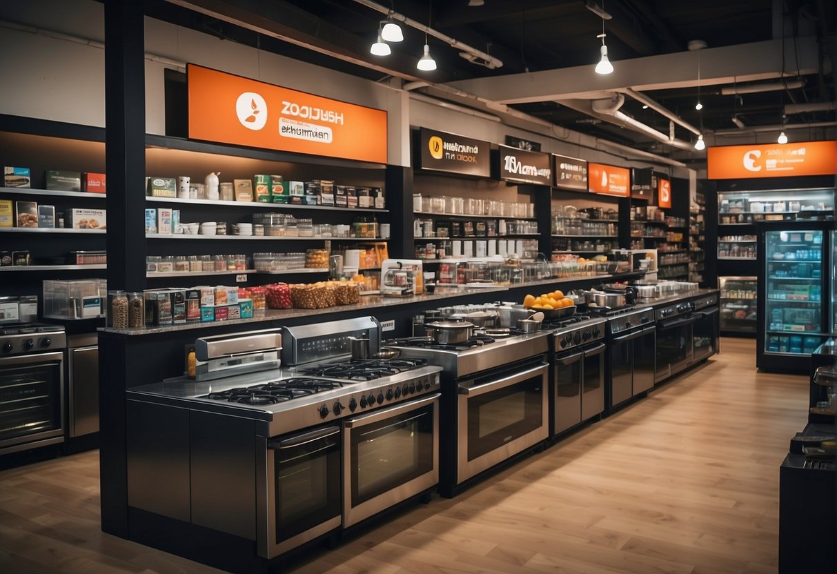 A kitchen appliance store with colorful banners, shelves stocked with various appliances, and a prominent display of Zojirushi products with promotional signs