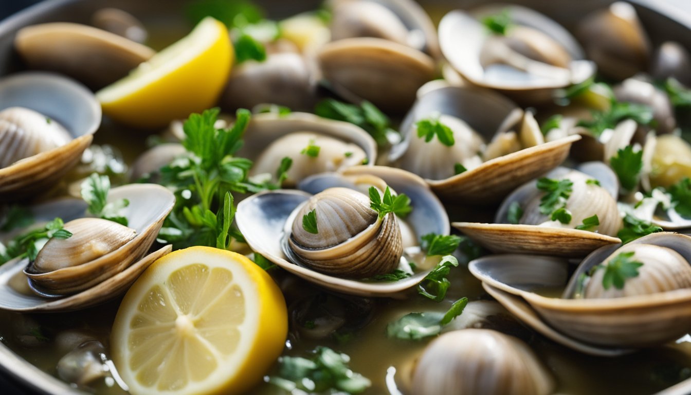 Clams simmer in a fragrant white wine sauce, surrounded by garlic, herbs, and a hint of lemon, in a shallow pan