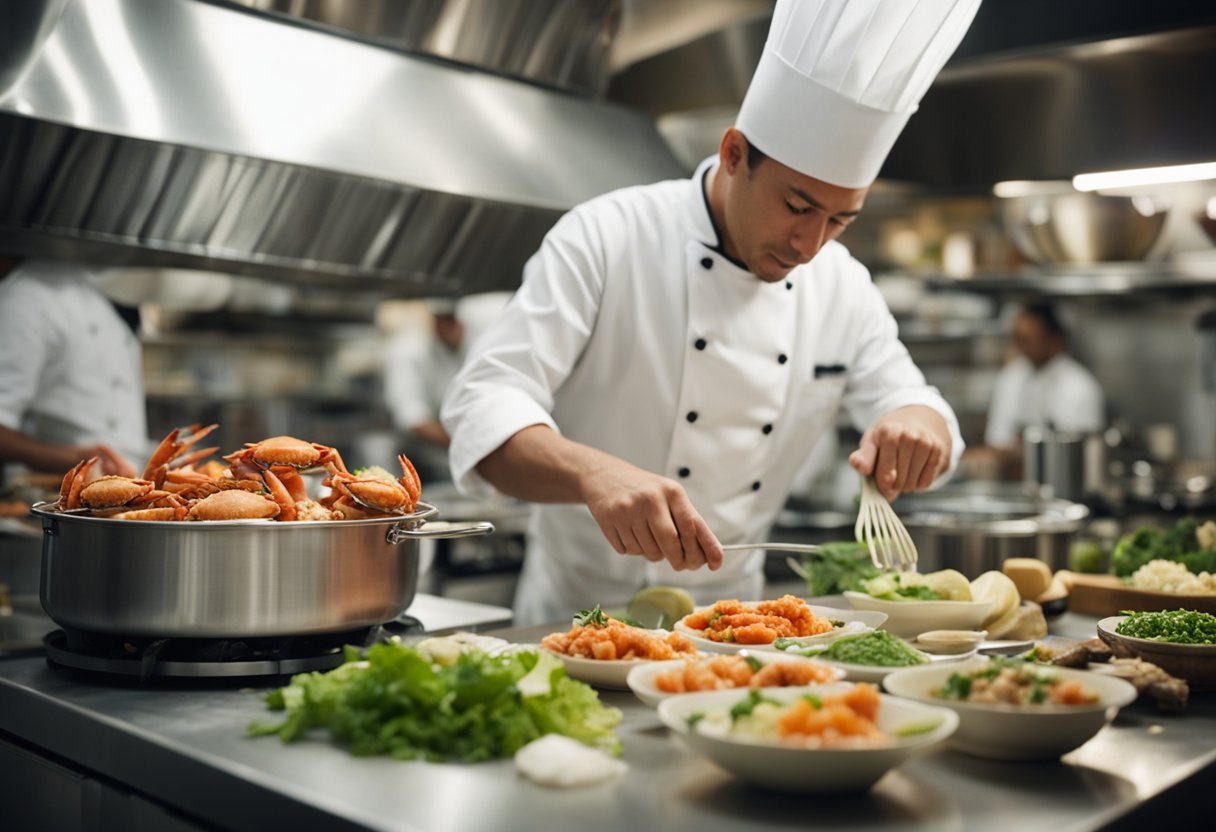 A crab chef expertly prepares a variety of creative crab delicacies in a bustling kitchen, surrounded by an array of fresh ingredients and cooking utensils