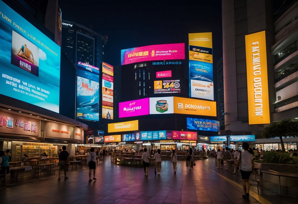 Colorful banners and signs advertising monthly promotions in Singapore. Bright lights and bold text draw attention to the various deals and discounts available