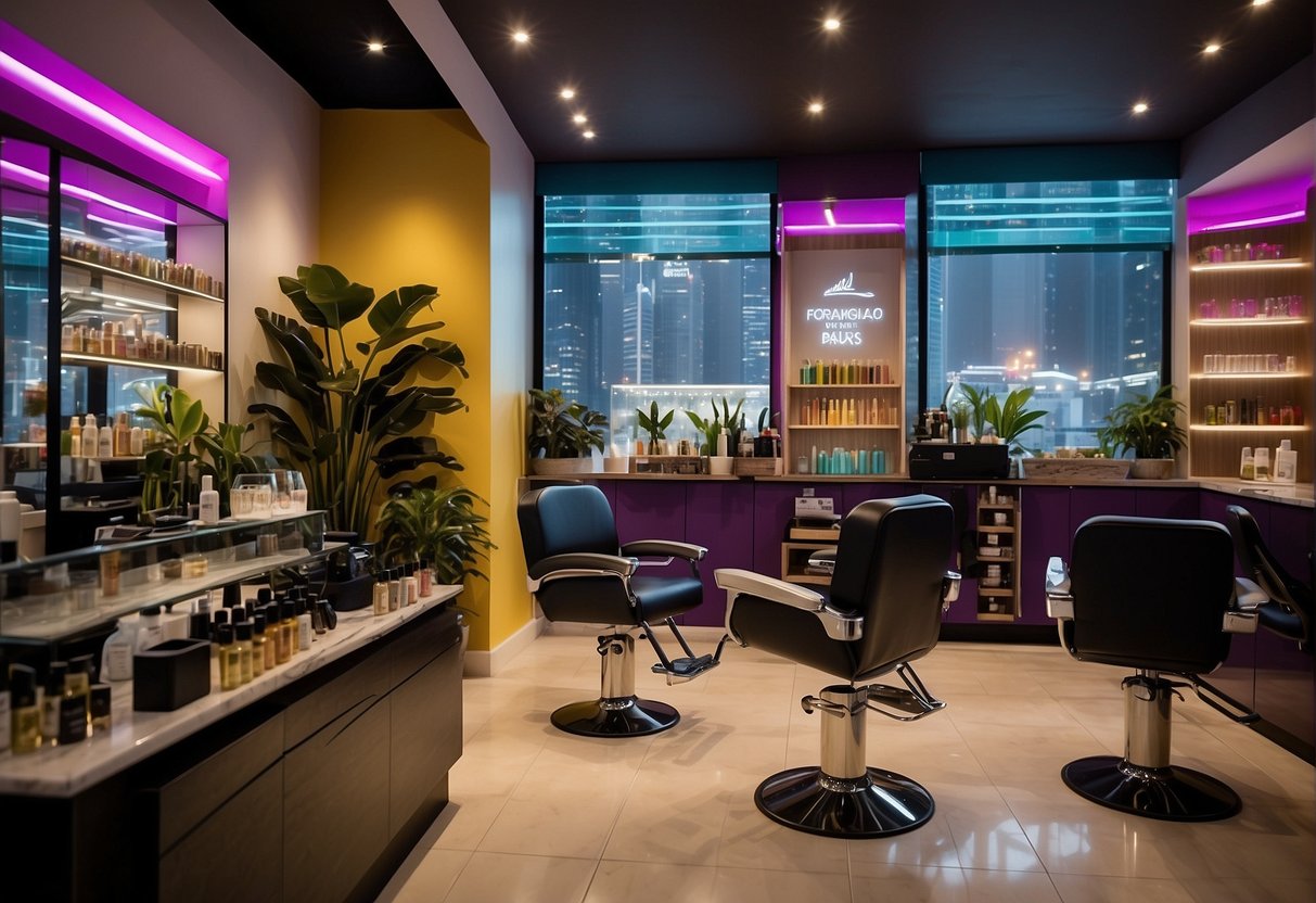 A vibrant salon with bold signage, showcasing various beauty and wellness promotions in Singapore, including waxing specials. Bright colors and inviting atmosphere