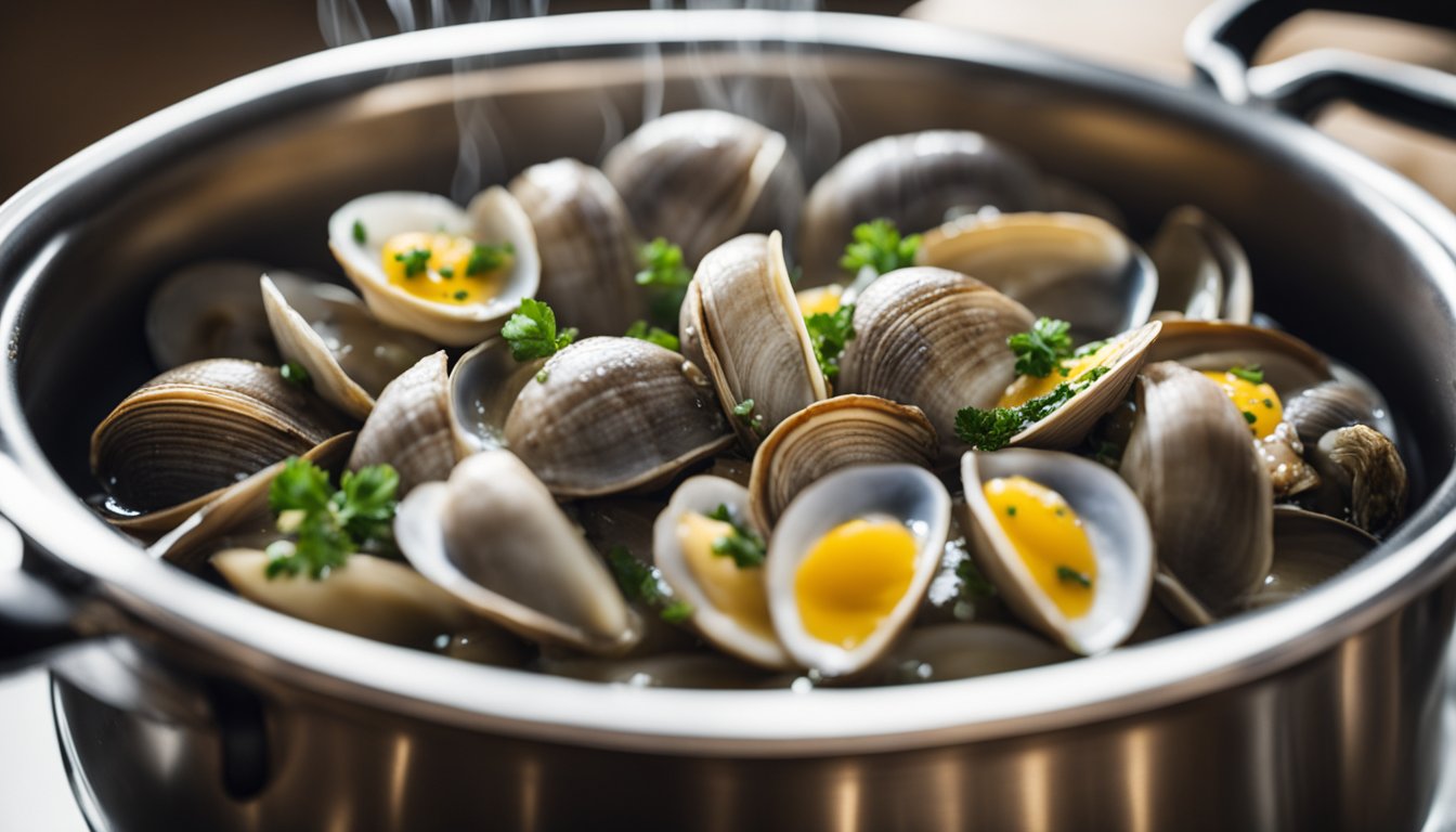 Clams being steamed in a pot with white wine sauce