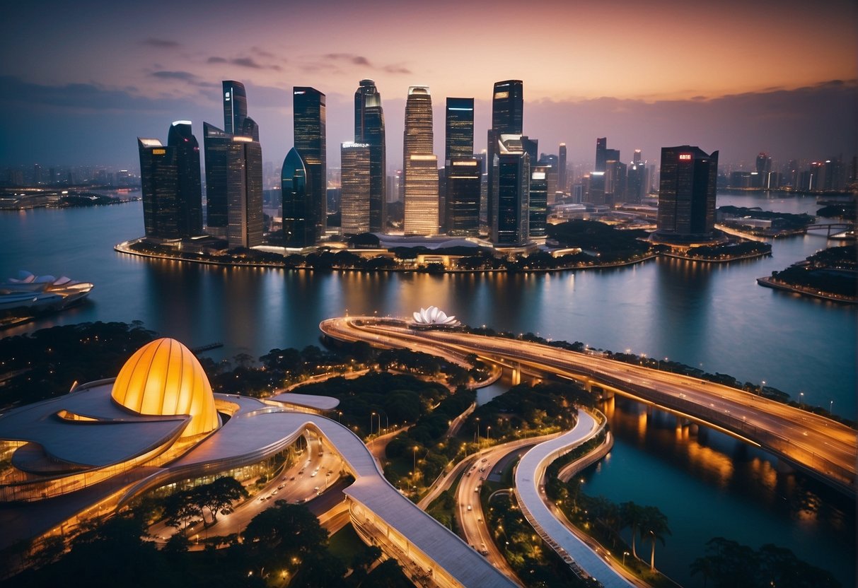 A vibrant city skyline with iconic landmarks and bustling streets, showcasing the energy and excitement of Singapore's travel promotions