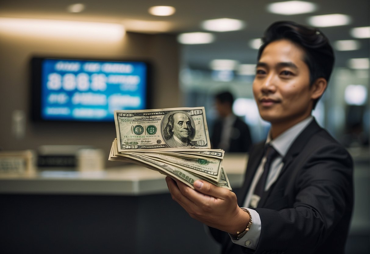 A bank teller presents a stack of US dollar bills next to a sign advertising "Best Foreign Currency Deposit Deals" in a modern Singaporean bank branch