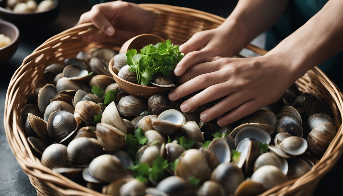 Hands selecting live clams from a basket. Clams being cleaned and prepared with ginger and scallions for a Chinese recipe