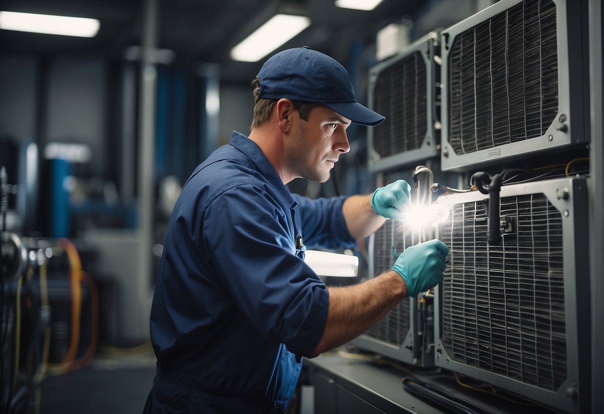 A technician checking and cleaning HVAC components, changing filters, and inspecting system for optimal performance