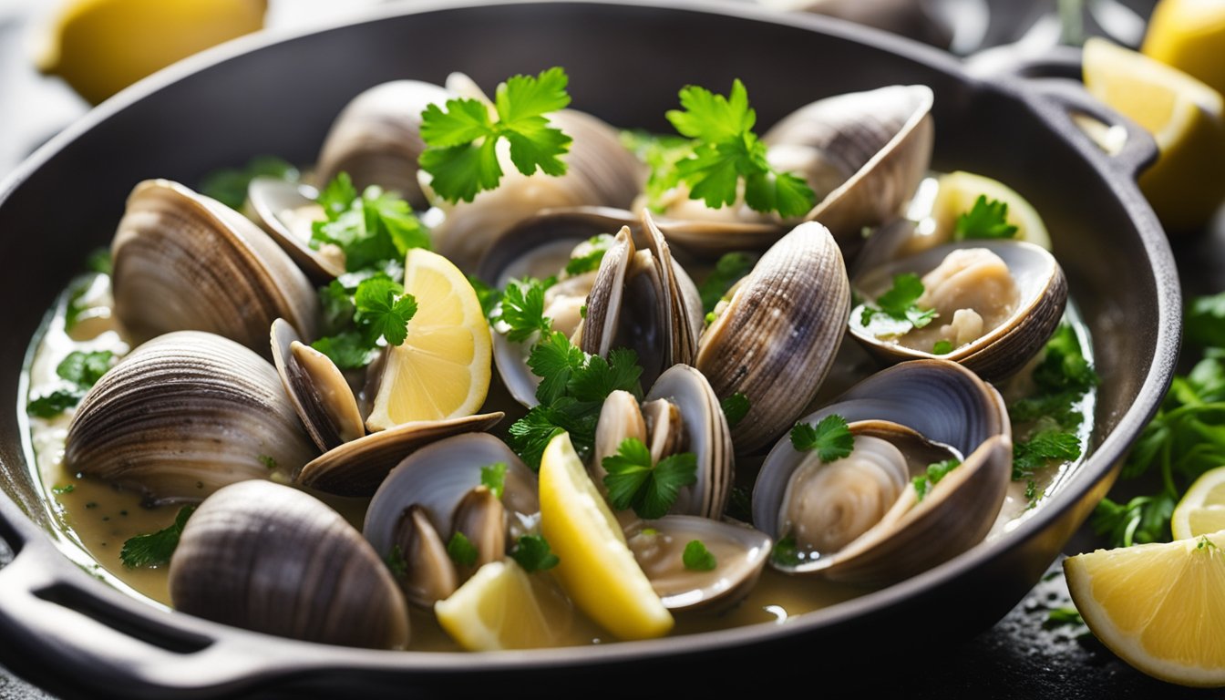 Clams simmer in white wine sauce, surrounded by garlic, parsley, and lemon slices