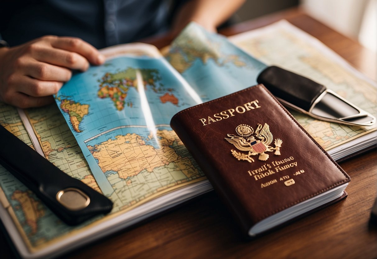 A traveler holding a passport and boarding pass, surrounded by luggage and a world map, with a comprehensive travel insurance brochure in hand