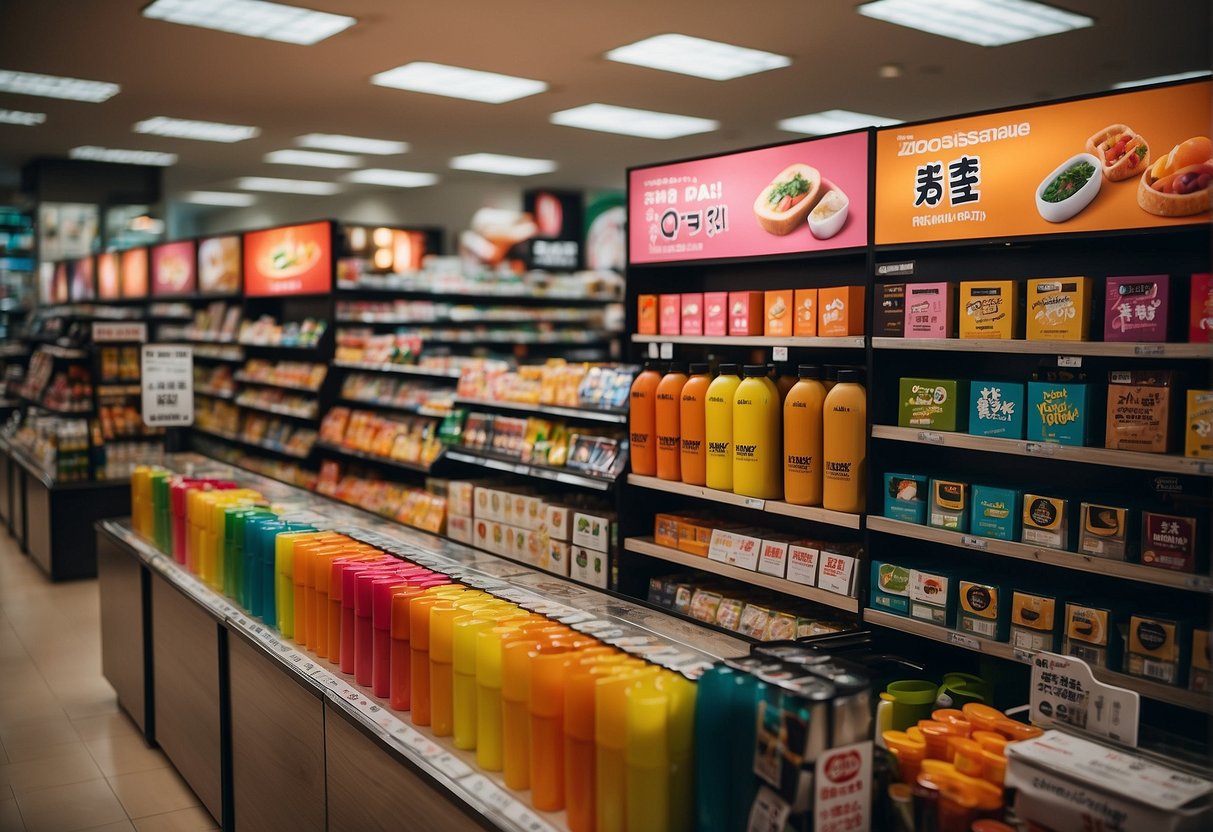 A colorful display of Zojirushi products with promotional signage in a bustling Singaporean store