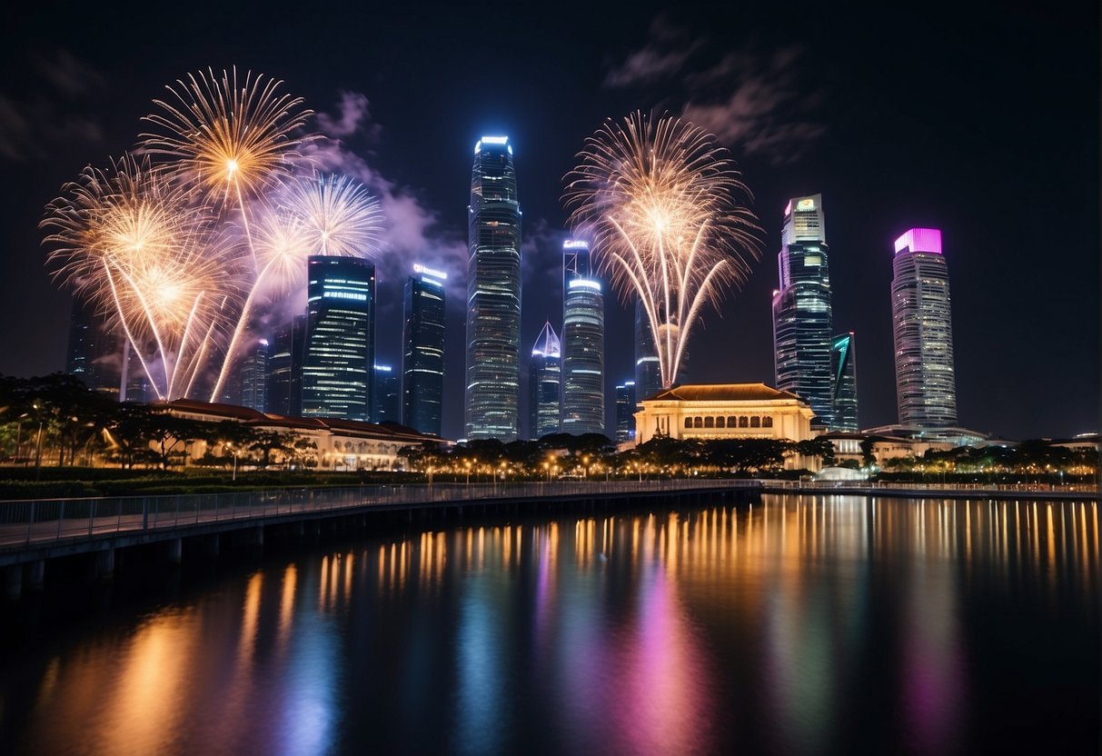 A vibrant Singapore skyline with iconic landmarks and fireworks illuminating the night sky