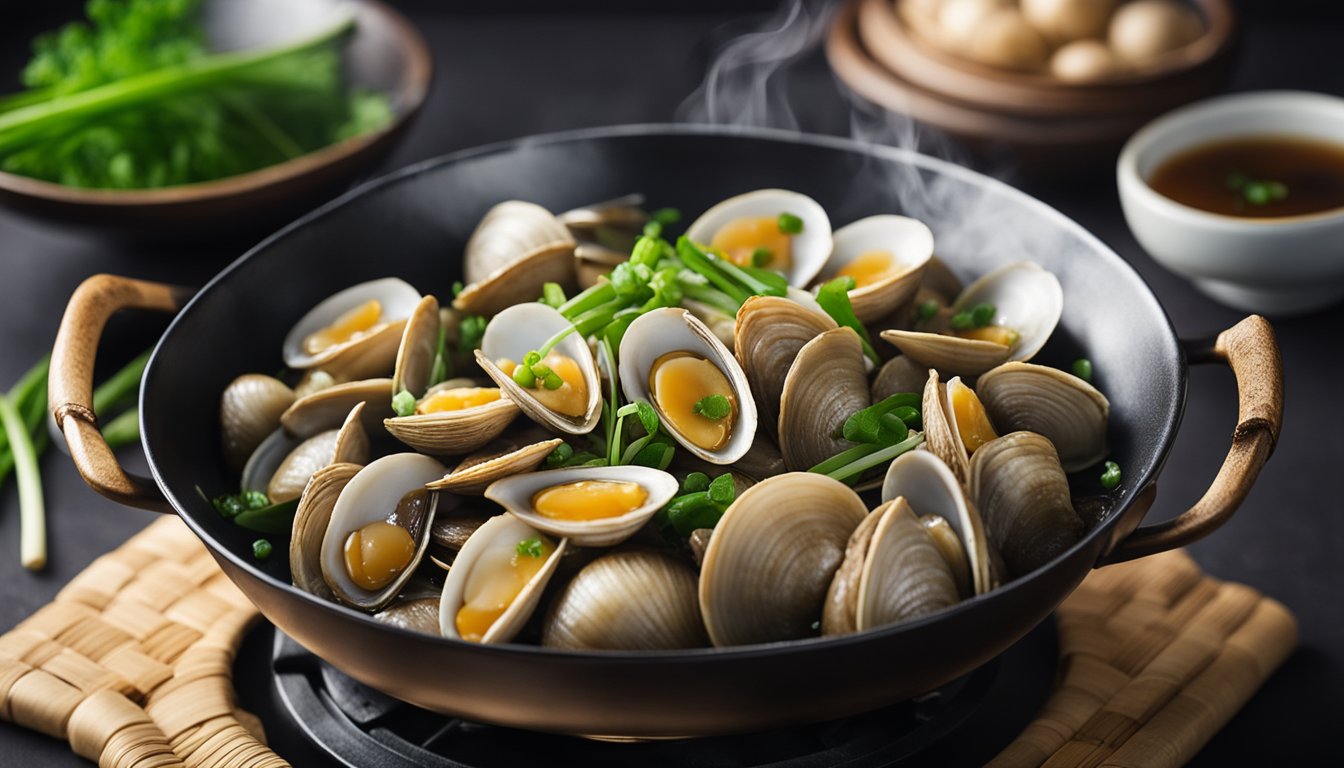 Clams stir-fried in a wok with ginger, garlic, and green onions. Steam rising, chopsticks in action. Ingredients like soy sauce and rice wine nearby