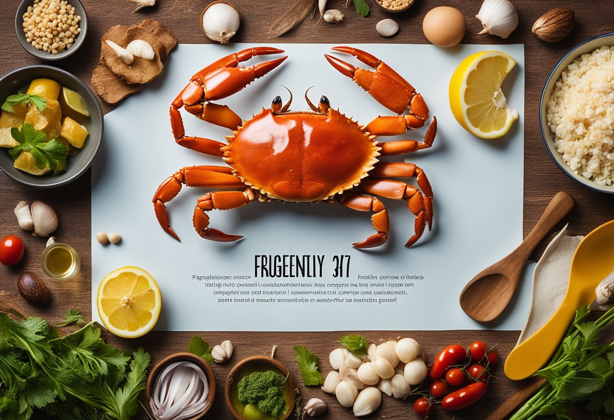 A crab surrounded by various ingredients and cooking utensils, with a banner reading "Frequently Asked Questions crab recipes" in the background